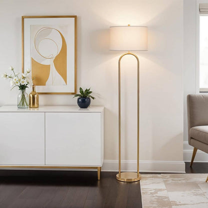  Isla 64 In. Brushed Gold 1-Light Standard Floor Lamp With Linen Drum Shade