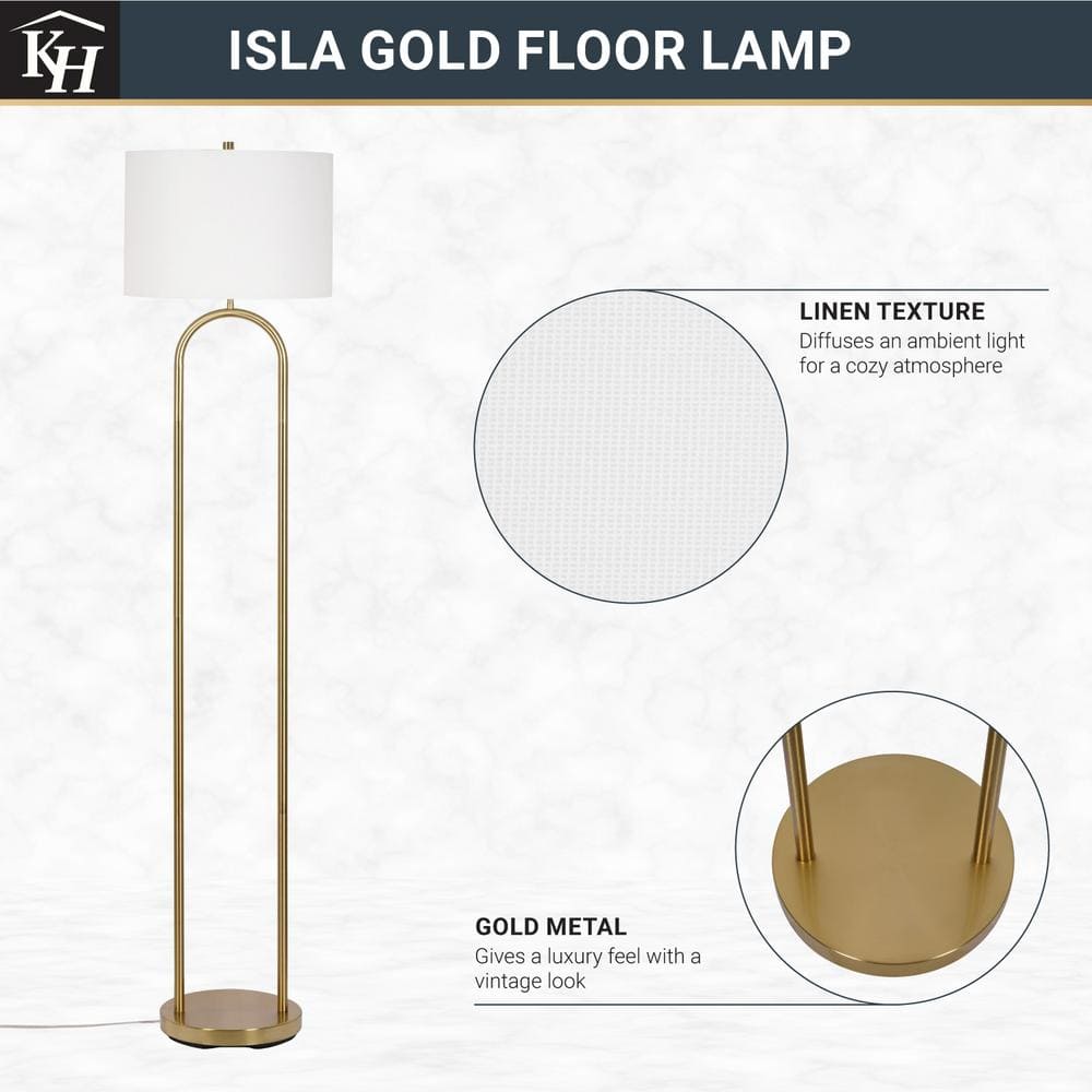  Isla 64 In. Brushed Gold 1-Light Standard Floor Lamp With Linen Drum Shade