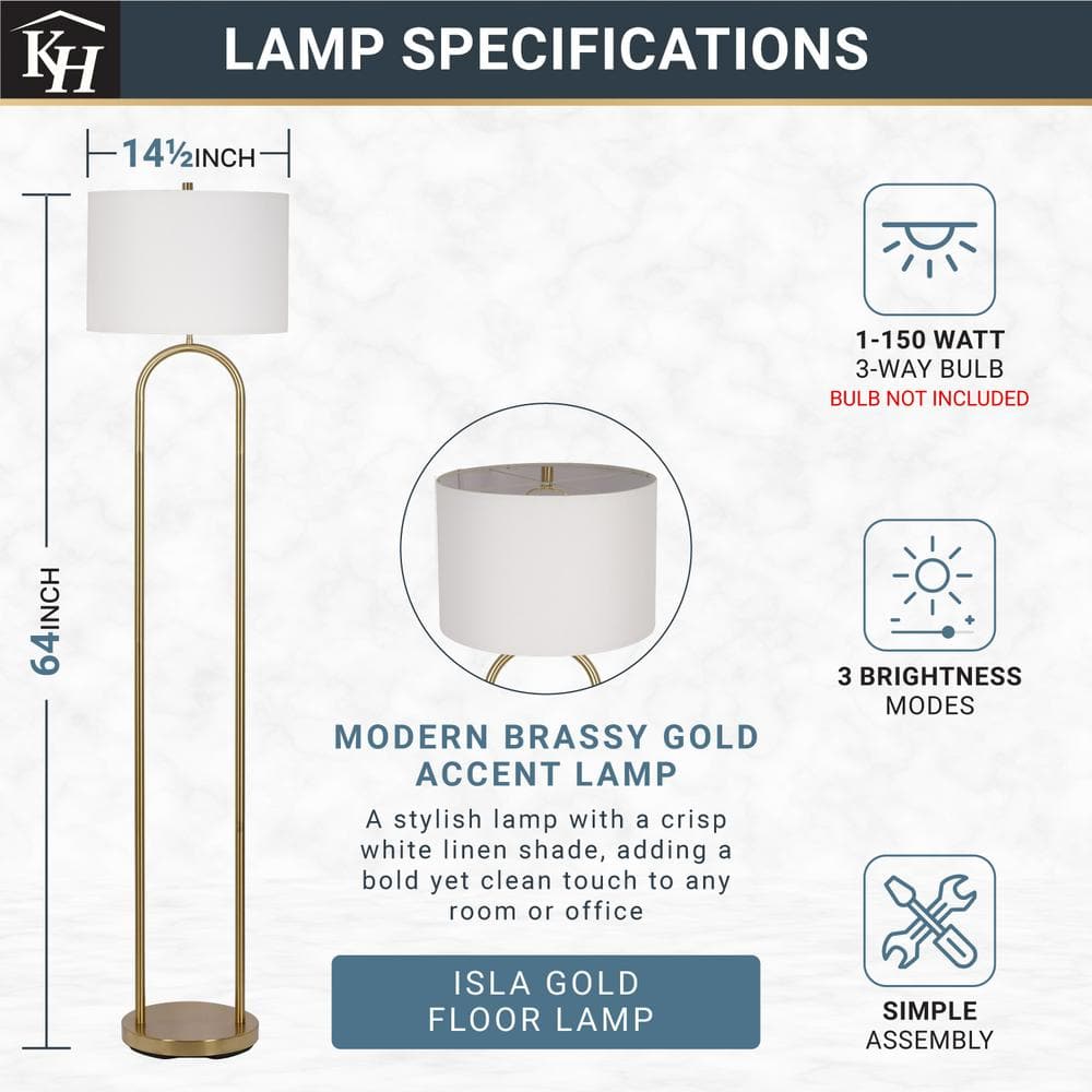  Isla 64 In. Brushed Gold 1-Light Standard Floor Lamp With Linen Drum Shade