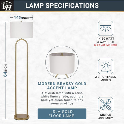  Isla 64 In. Brushed Gold 1-Light Standard Floor Lamp With Linen Drum Shade