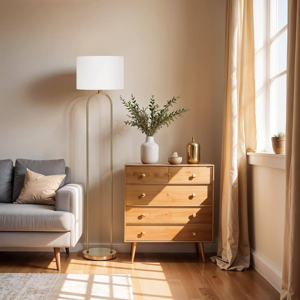  Isla 64 In. Brushed Gold 1-Light Standard Floor Lamp With Linen Drum Shade