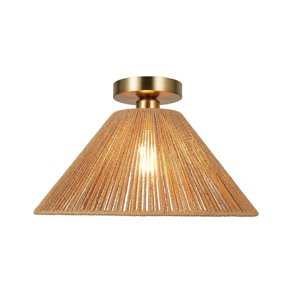  Twine 16 In. 1-Light Brushed Gold Semi-Flush Mount With Rattan Shade