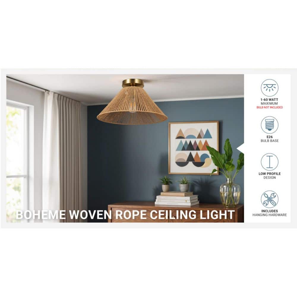  Twine 16 In. 1-Light Brushed Gold Semi-Flush Mount With Rattan Shade