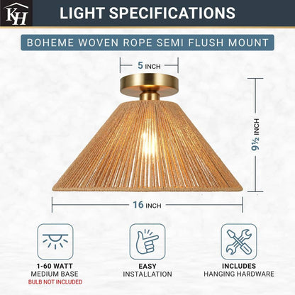 Twine 16 In. 1-Light Brushed Gold Semi-Flush Mount With Rattan Shade