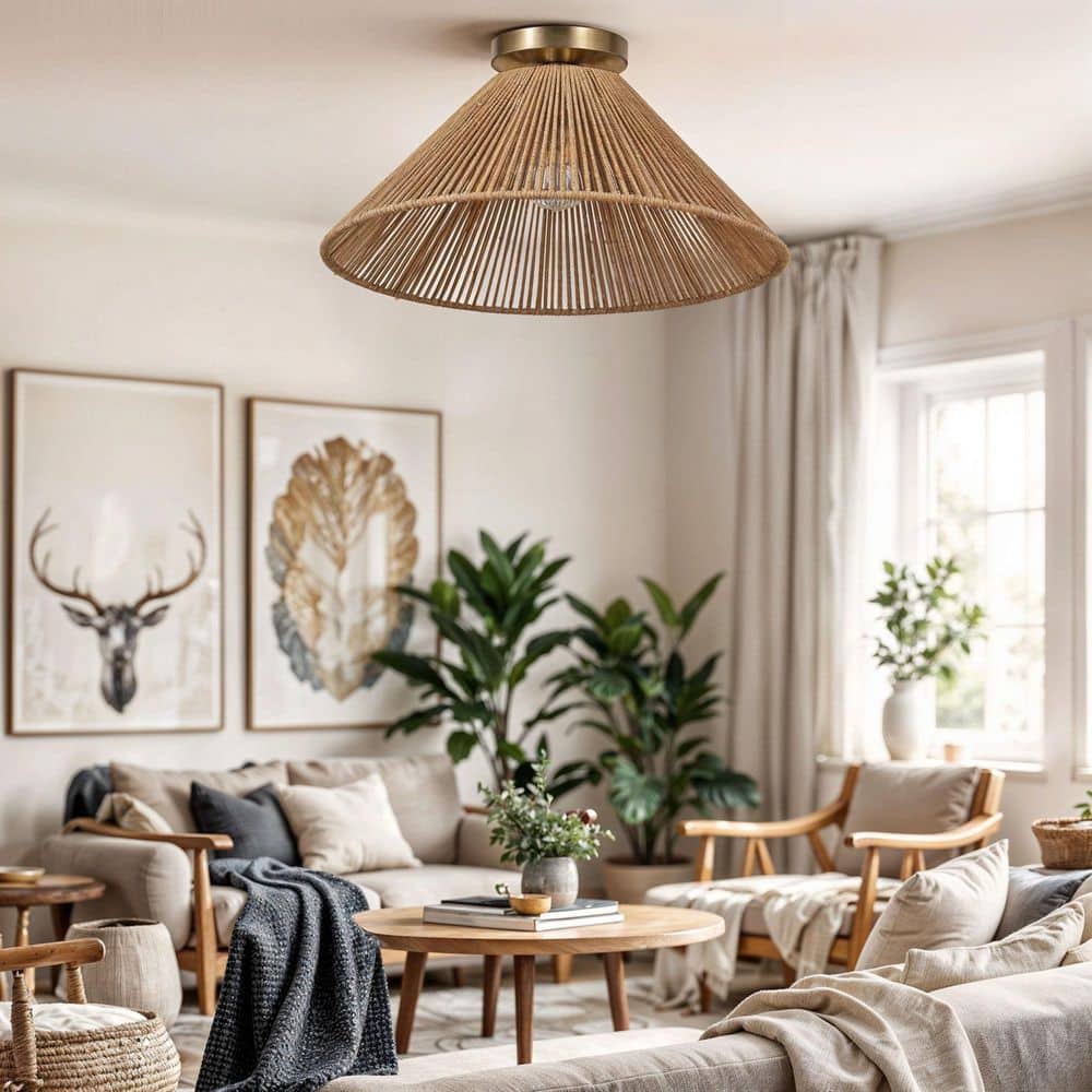  Twine 16 In. 1-Light Brushed Gold Semi-Flush Mount With Rattan Shade