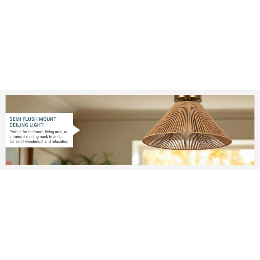  Twine 16 In. 1-Light Brushed Gold Semi-Flush Mount With Rattan Shade