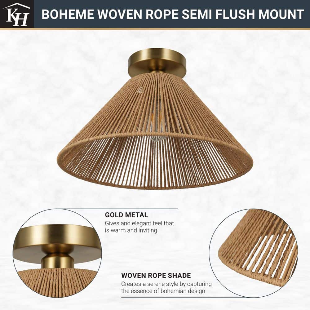  Twine 16 In. 1-Light Brushed Gold Semi-Flush Mount With Rattan Shade