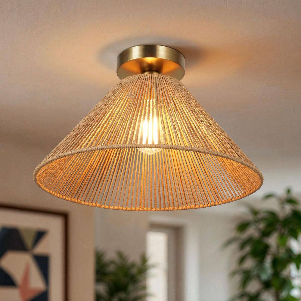  Twine 16 In. 1-Light Brushed Gold Semi-Flush Mount With Rattan Shade