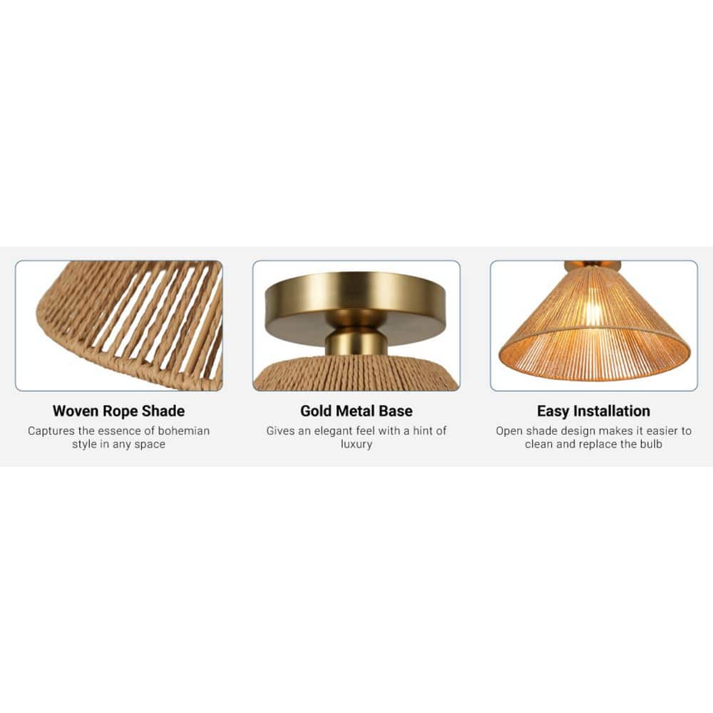  Twine 16 In. 1-Light Brushed Gold Semi-Flush Mount With Rattan Shade