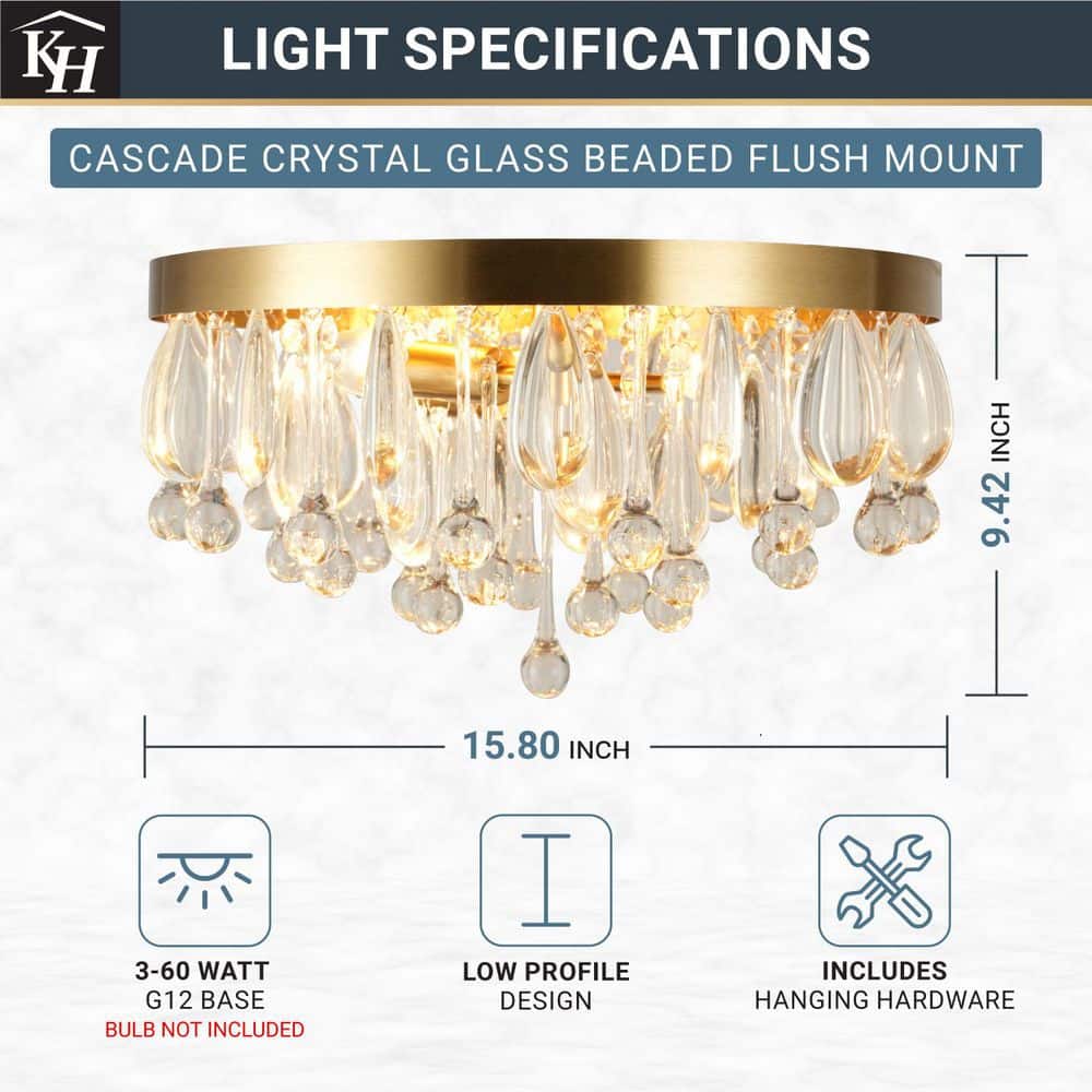  Cascade 13 In. 3-Light Brushed Gold Flush Mount With Crystal Shade