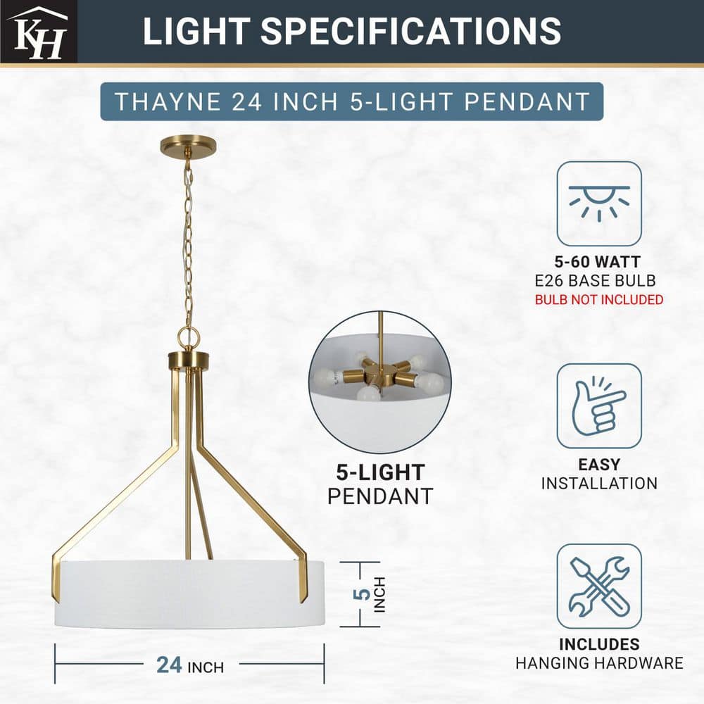  Thayne 300-Watt 5-Light Brushed Gold Drum Pendant Light With Fabric Shade