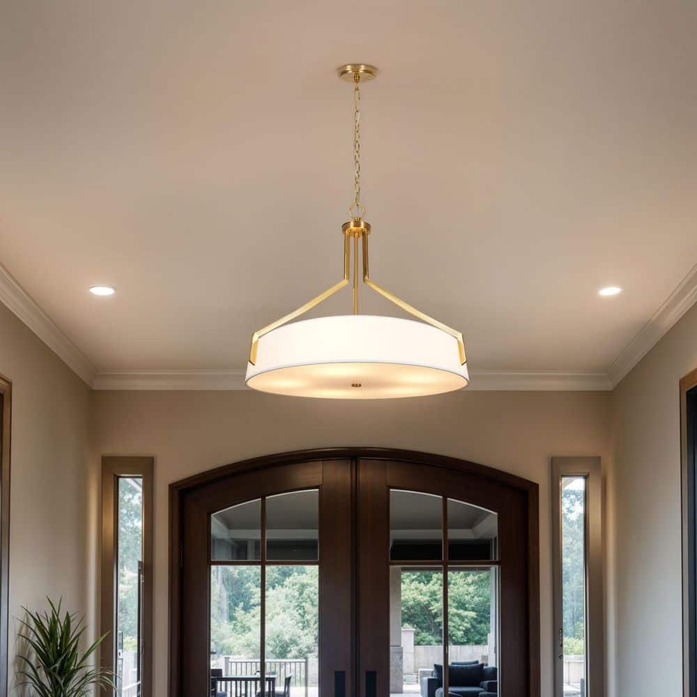  Thayne 300-Watt 5-Light Brushed Gold Drum Pendant Light With Fabric Shade