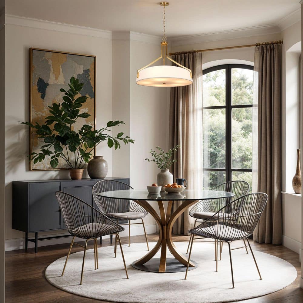  Thayne 300-Watt 5-Light Brushed Gold Drum Pendant Light With Fabric Shade