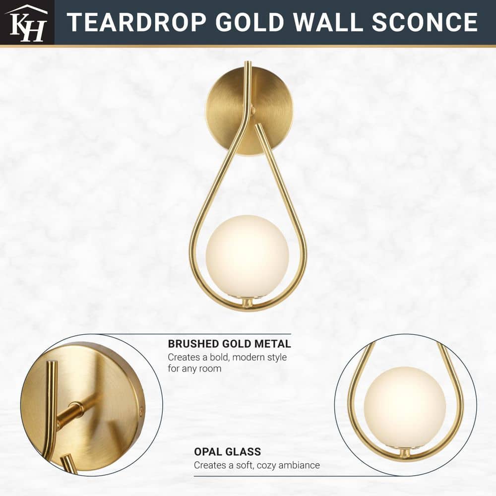  Teardrop 5 In. 1-Light Brushed Gold Wall Sconces With Globe Shade