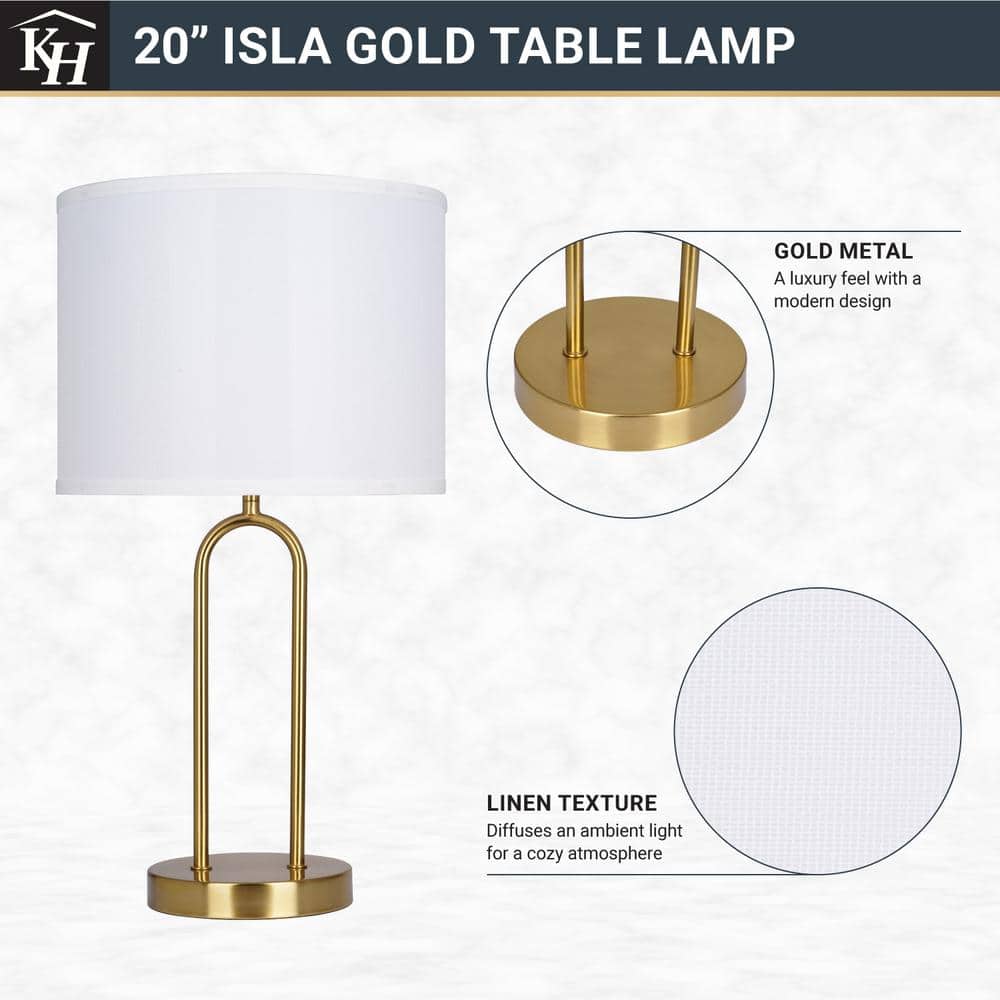  Isla 20 In. Gold Bedside Table Lamp With White Linen Shade