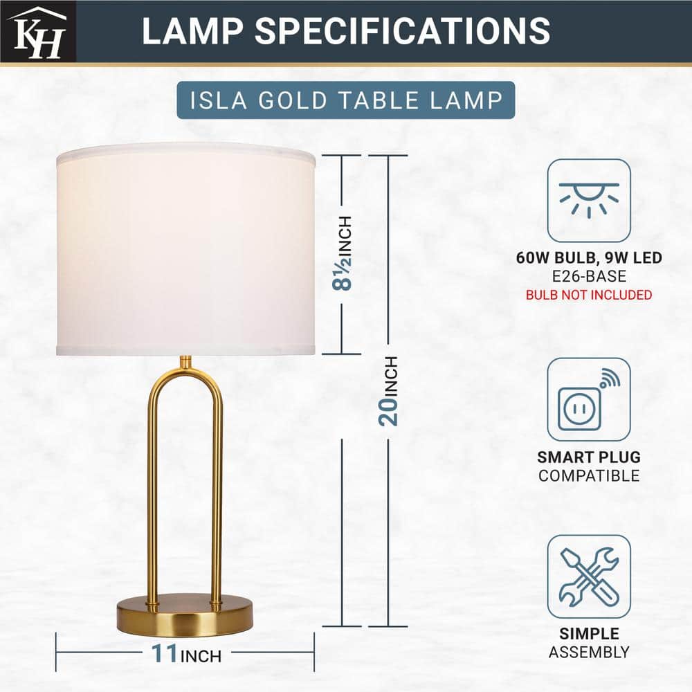  Isla 20 In. Gold Bedside Table Lamp With White Linen Shade