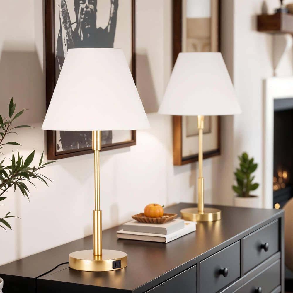  Beckett 24 In. Dark Bronze Table Lamp Set With White Fabric Shade And (Set Of 2)
