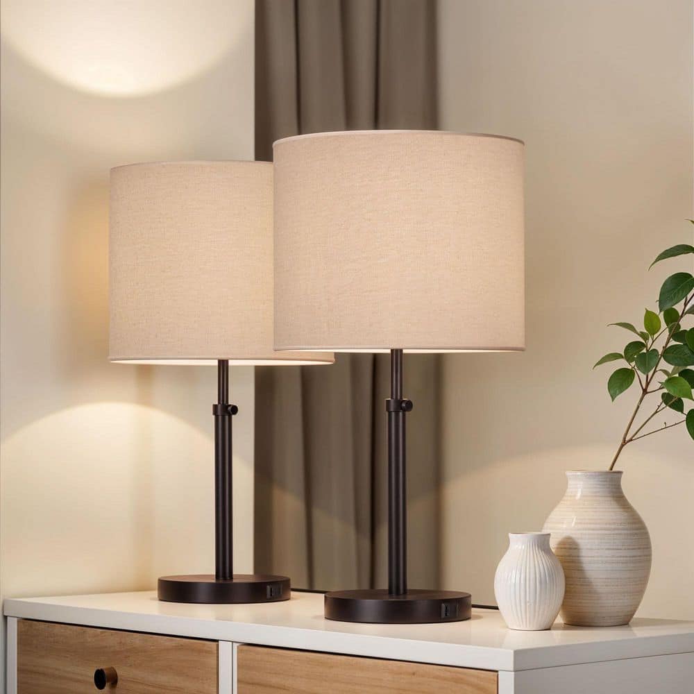  Marlow 24 In. Antique Brass Lamp Set With White Fabric Shade And (Set Of 2)