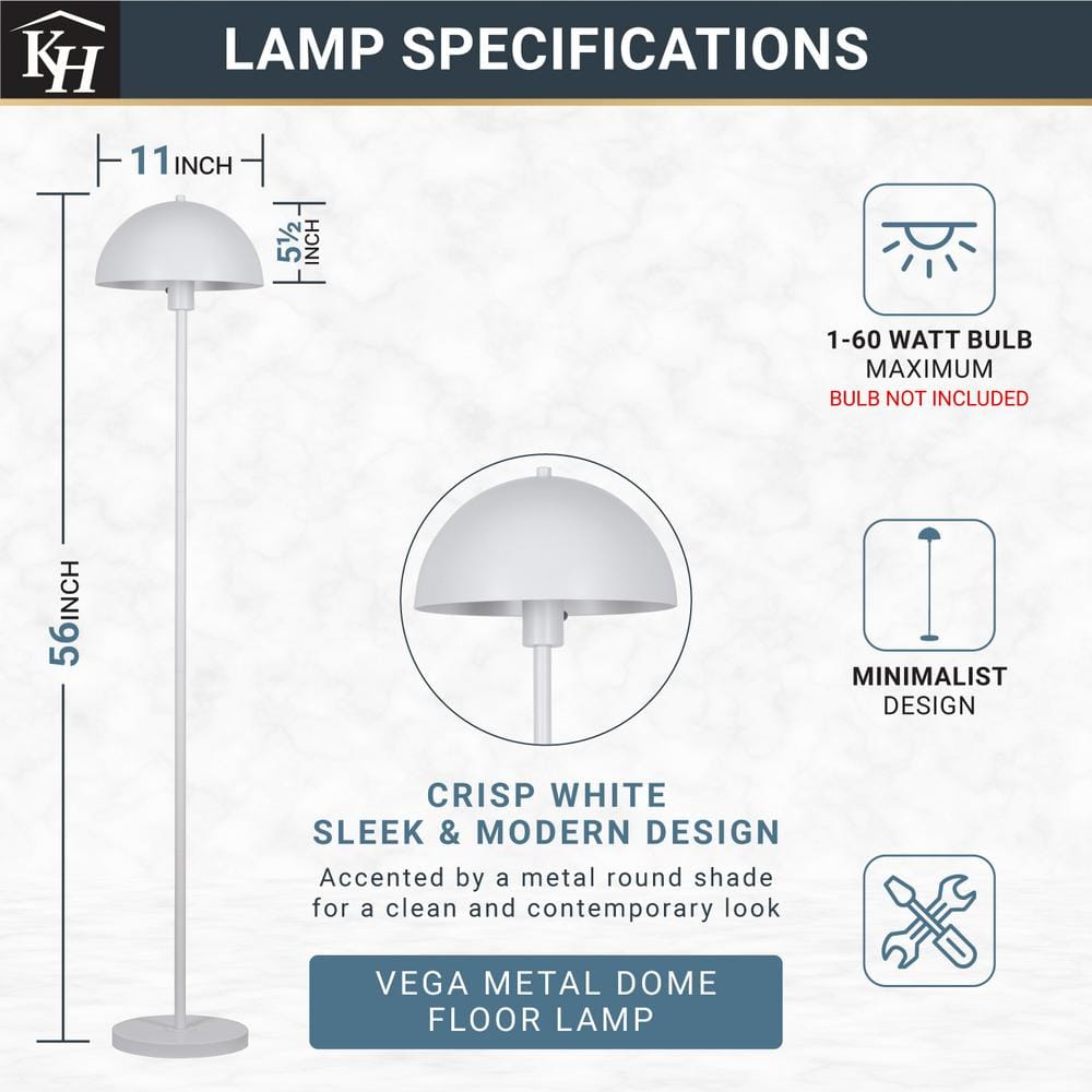  Vega 56 In. White 1-Light Standard Floor Lamp With Metal Dome Shade